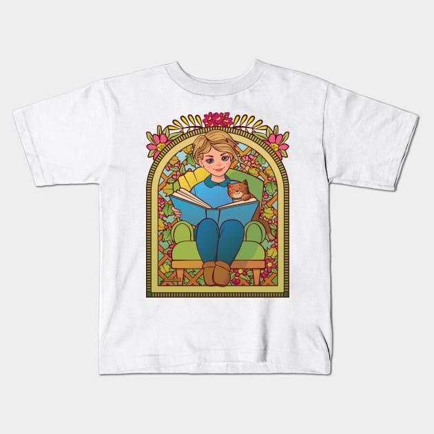 Blonde Girl Reading to Cat Kids T-Shirt by Sue Cervenka